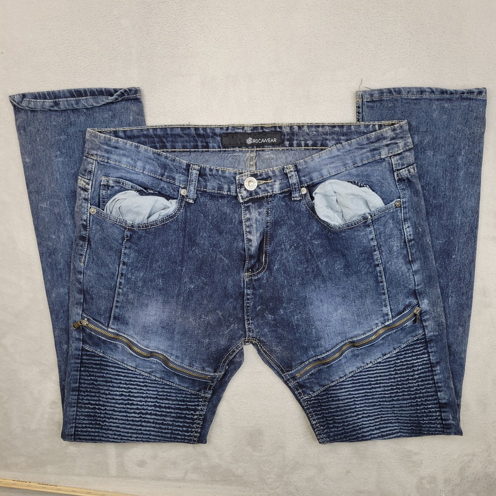 Rocawear Jeans‎ Mens 38x34 Blue Moto Biker Denim Zipper Pants Streetwear Urban